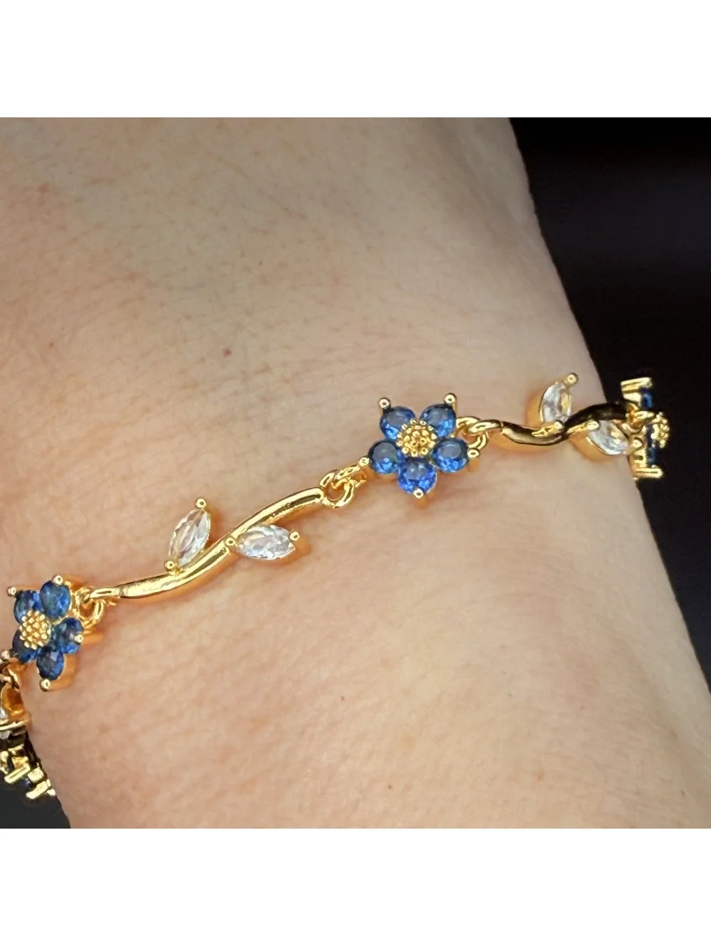 candy+clover blue floral crystal vine gold tone bracelet